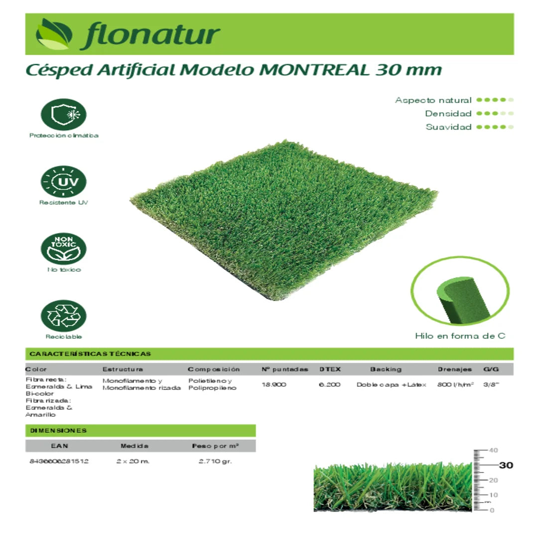 Césped artifical de 30mm. modelo Montreal Flonatur