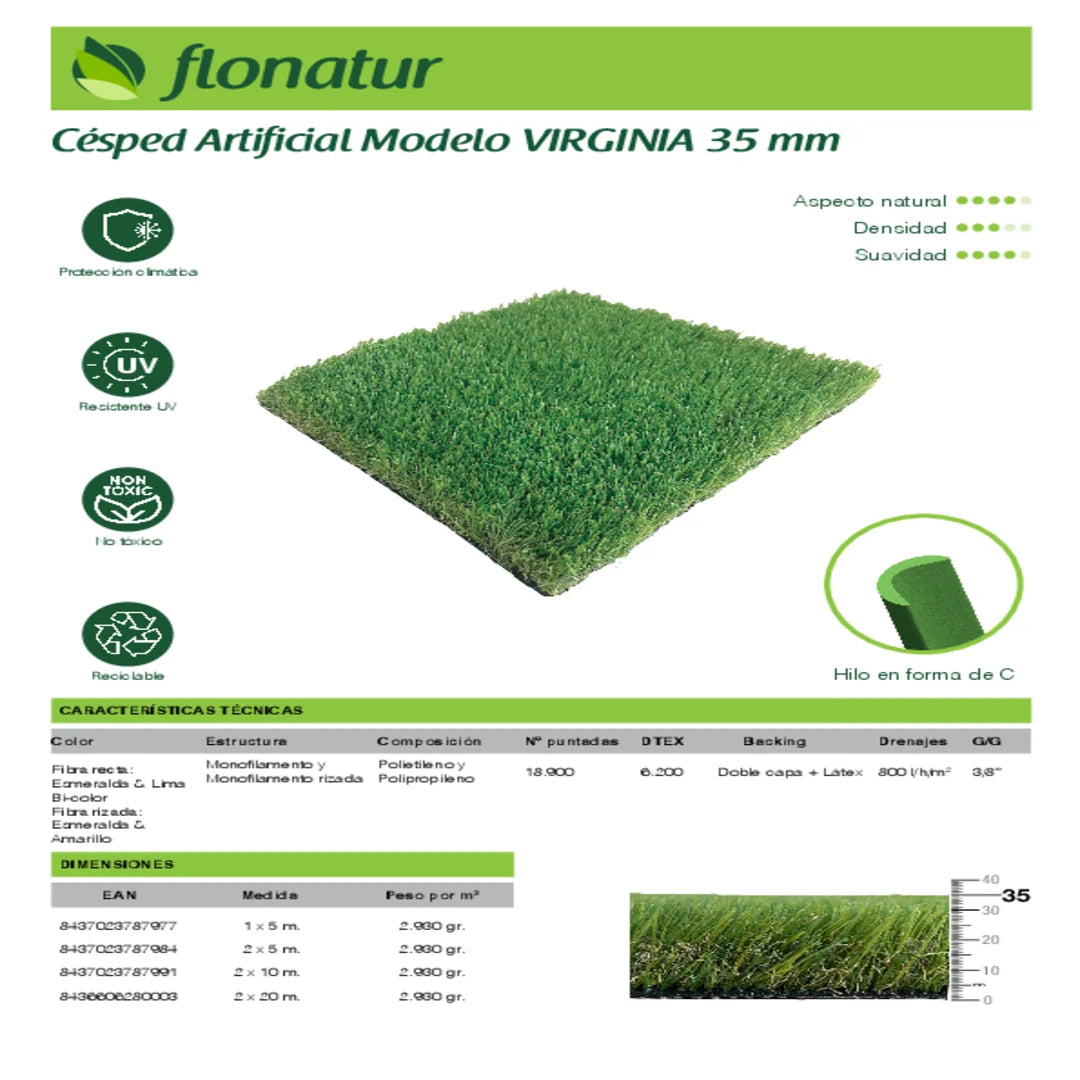 Césped artificial de 35mm. modelo Virginia